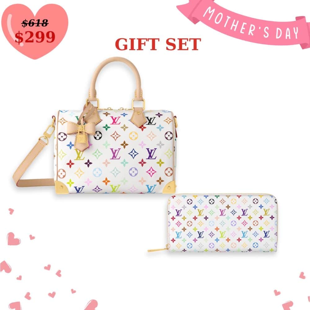 GIFT SET: LOUIS VUITTON X TAKASHI MURAKAMI SPEEDY BANDOULIERE WHITE & ZIPPY WALLET WHITE MULTICOLORED