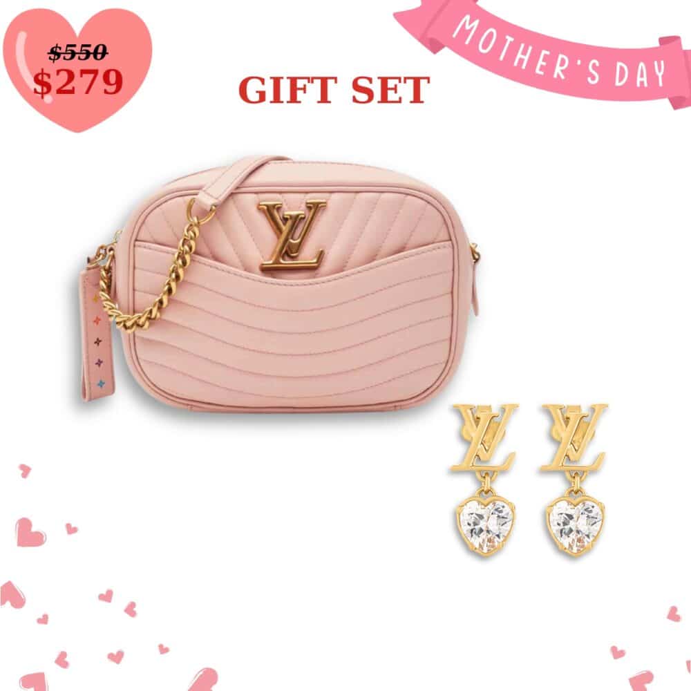 GIFT SET: LOUIS VUITTON WAVE CAMERA BAG PINK & ICONIC HEART EARRINGS GOLD