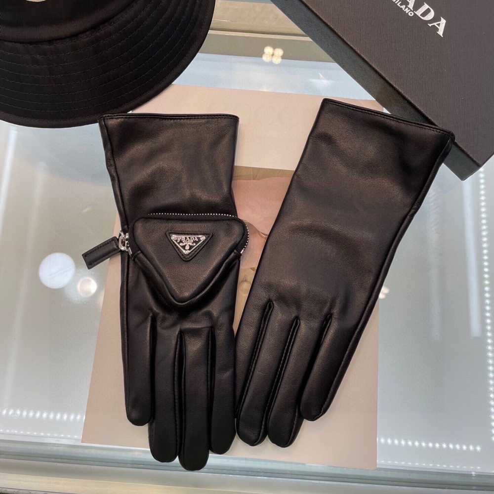 Alternative view of PRADA LEATHER GLOVES TRIANGLE LOGO NYLON IN BLACK 1GG141 2DWZ F0002