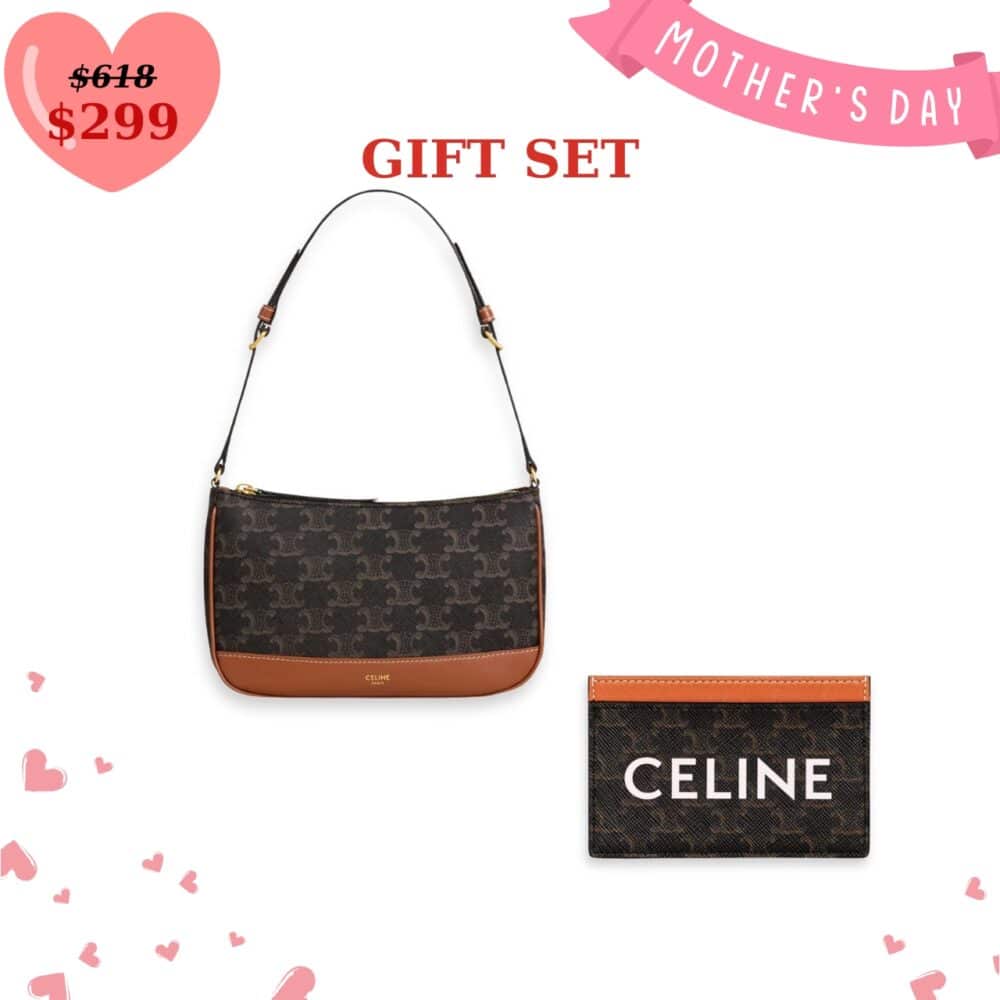 GIFT SET: CELINE SHOULDER BAG IN TAN & CARD HOLDER IN TRIOMPHE