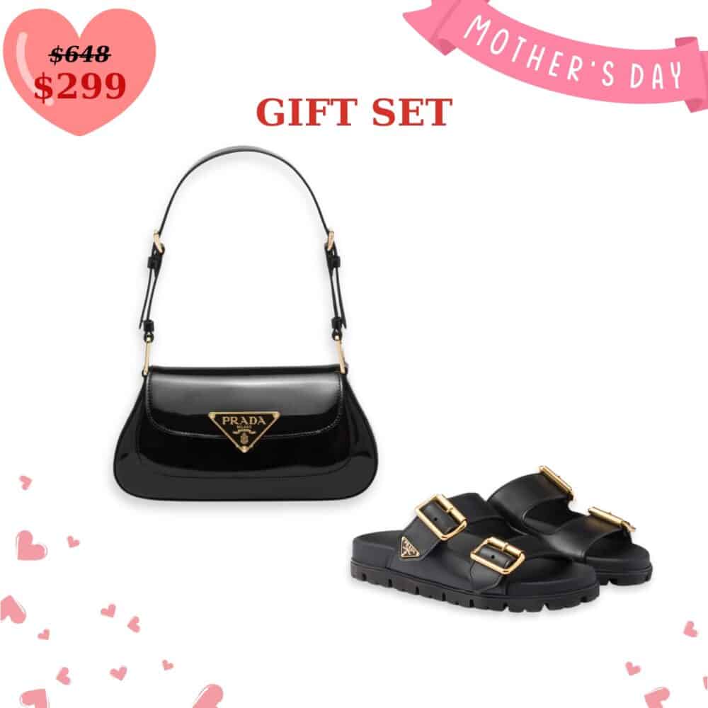 GIFT SET: PRADA SHOULDER BAG BLACK & LEATHER STRAP SLIDES BLACK