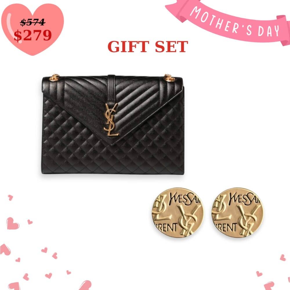 GIFT SET: SAINT LAURENT ENVELOPE LARGE BAG IN BLACK & YSL ROUND EARRINGS GOLD