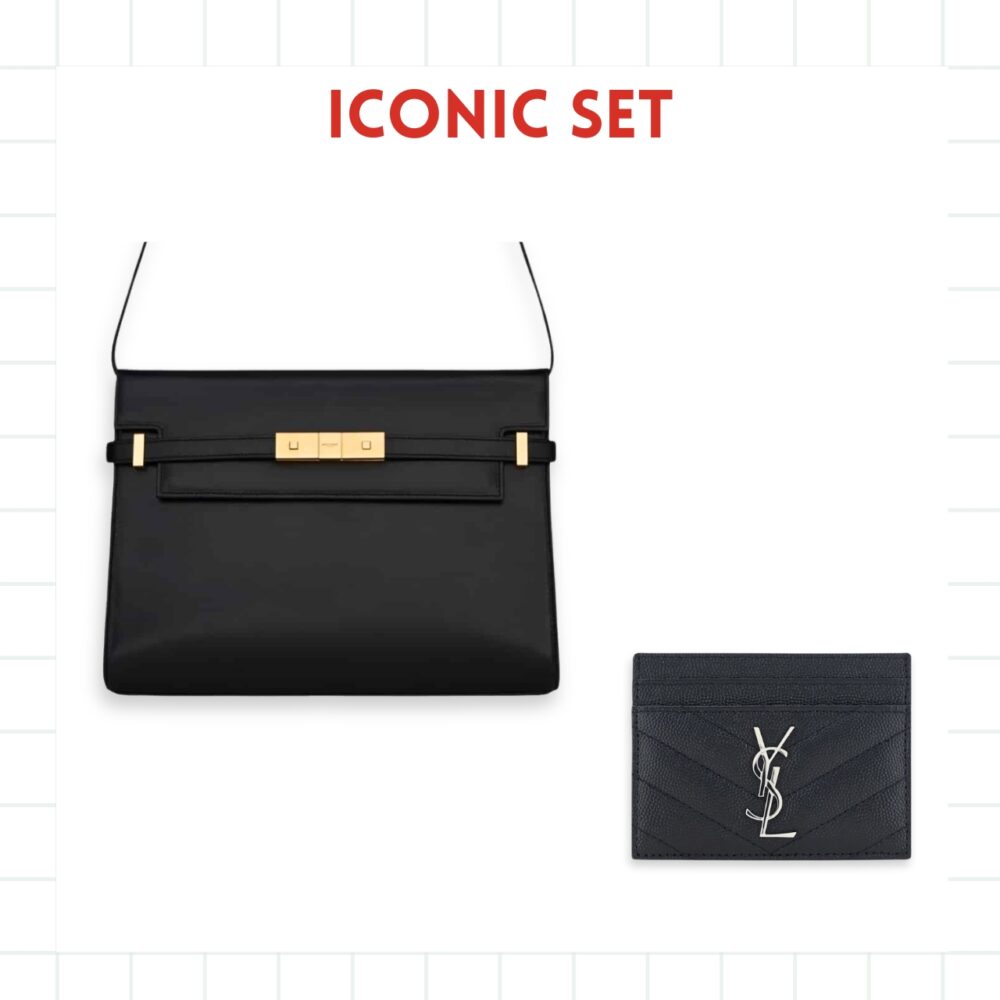 GIFT SET: SAINT LAURENT MANHATTAN SMALL IN BOX BLACK & CHEVRON CARD HOLDERS