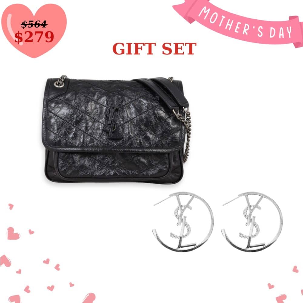 GIFT SET: SAINT LAURENT NIKI BABY CHAIN BAG BLACK & HOOP EARRINGS WITH CRYSTAL SILVER TONE