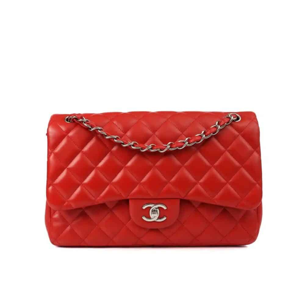 CHANEL MEDIUM CLASSIC DOUBLE FLAP RED SILVER HARDWARE 25.5CM