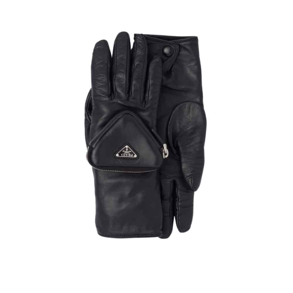 PRADA LEATHER GLOVES TRIANGLE LOGO NYLON IN BLACK 1GG141 2DWZ F0002