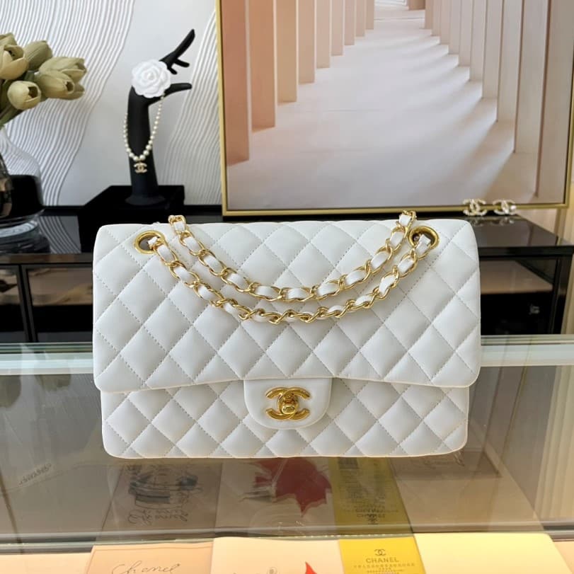 Alternative view of GIFT SET: CHANEL CLASSIC MEDIUM HANDBAG WHITE & EARRINGS WITH CC LOGO