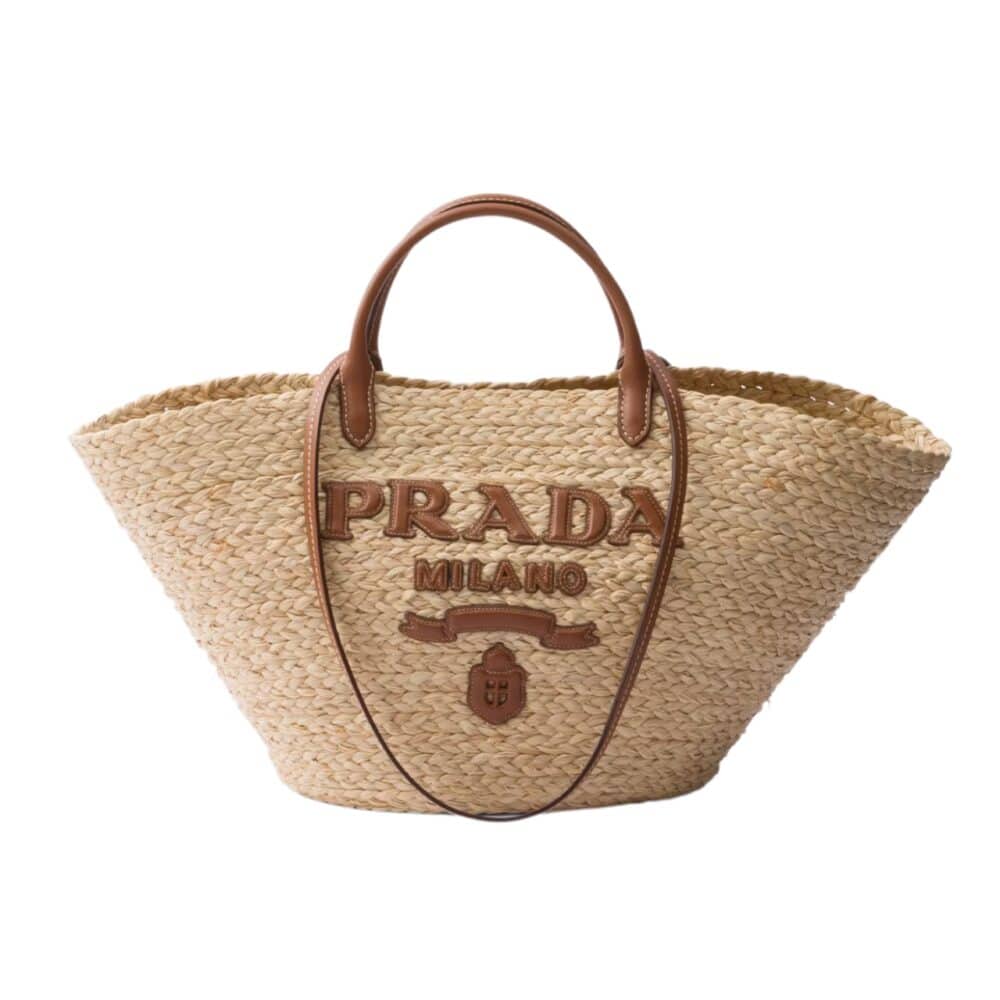 PRADA LARGE RAFFIA AND LEATHER SHOPPING BAG 25CM 1BG470 2CXQ F0A5T V GOO