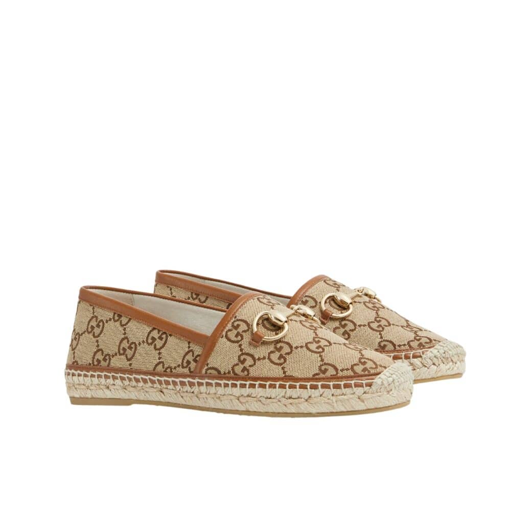 GUCCI WOMEN ESPADRILLE WITH HORSEBIT BEIGE AND DARK BROWN GG CANVAS 817244 9SF40 2547
