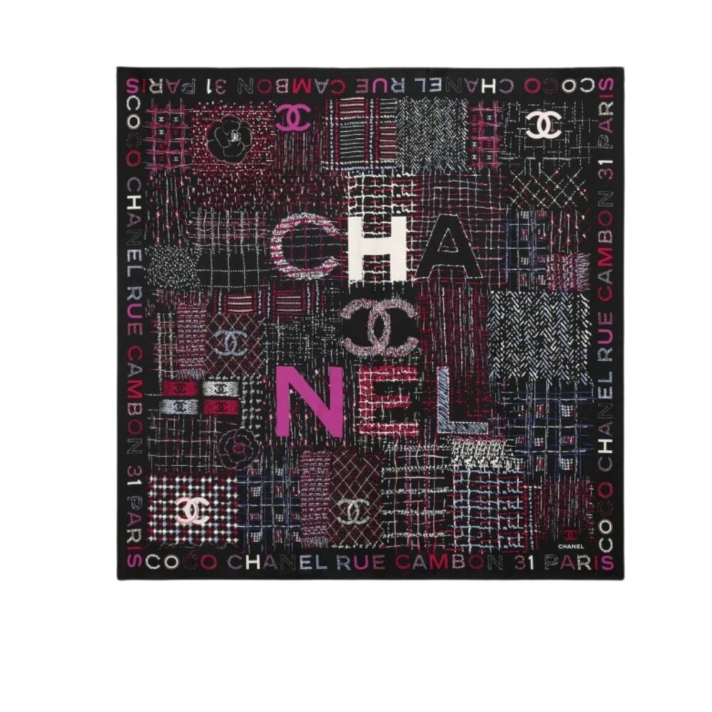 CHANEL SQUARE SCARF SILK TWILL MULTICOLOR IN BLACK 90CM