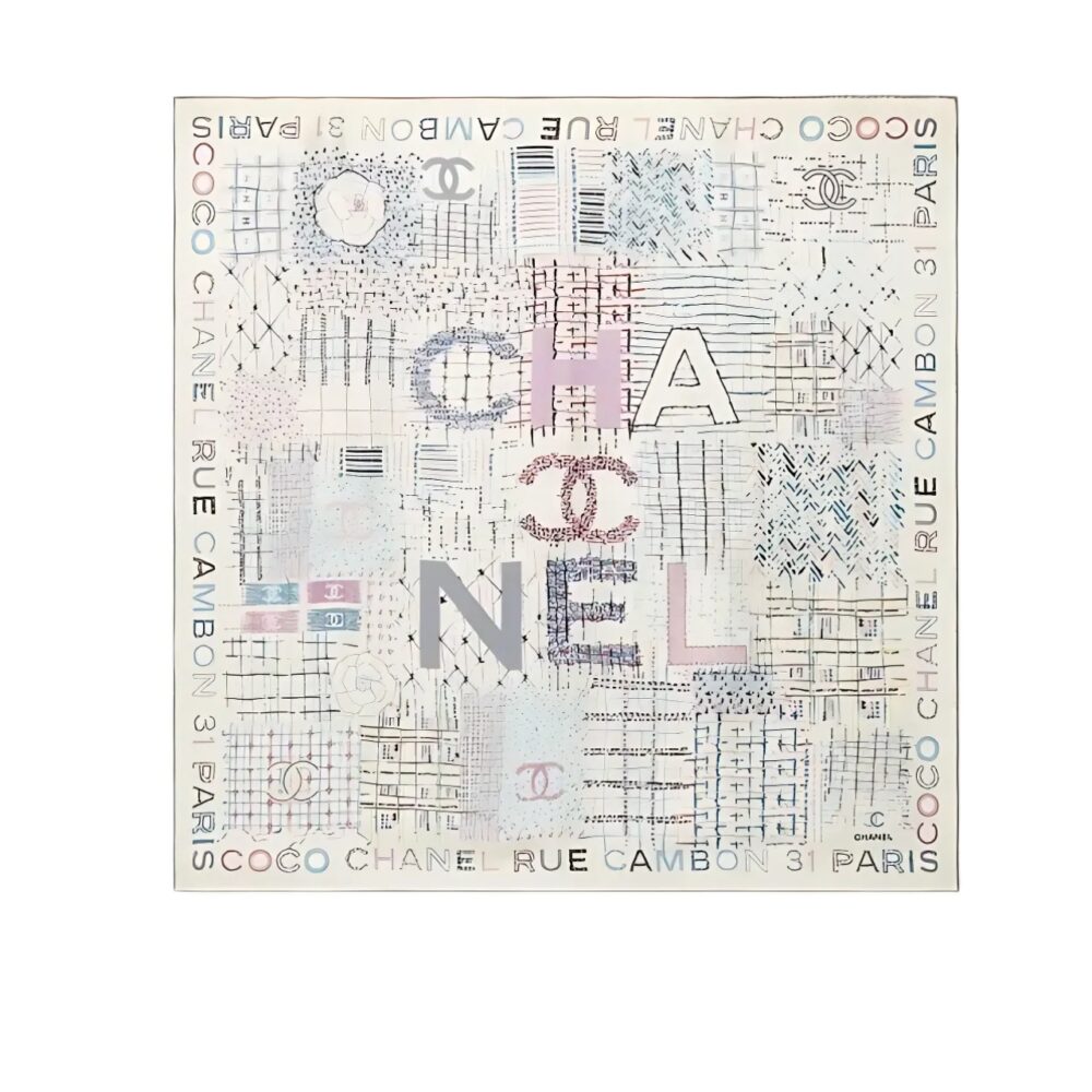 CHANEL SQUARE SCARF SILK TWILL MULTICOLOR IN WHITE 90CM