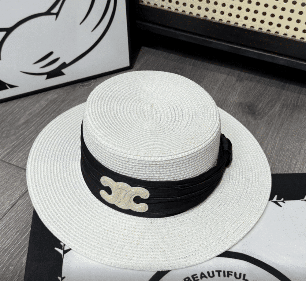 CELINE TRIOMPHE RAFFIA BOATER HAT WITH SILK IN WHITE