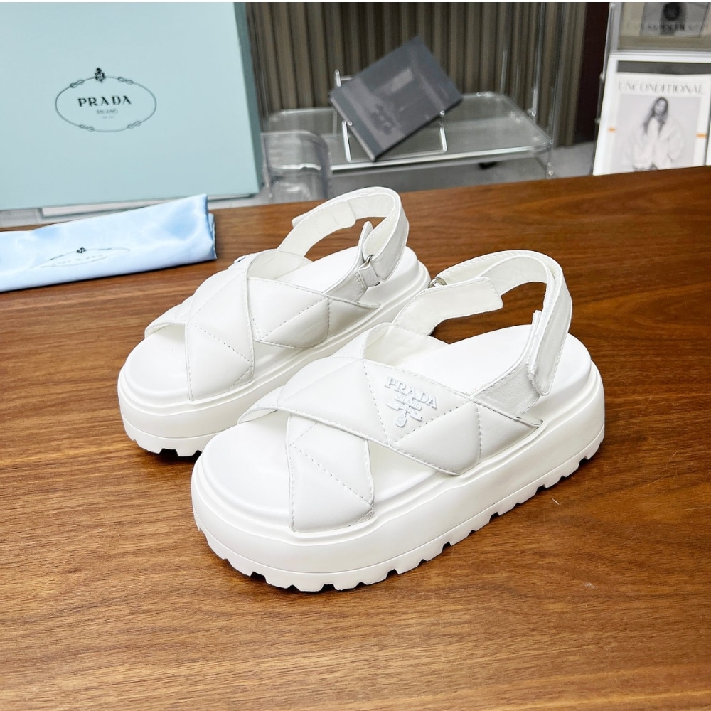 PRADA NAPPA LEATHER CRISSCROSS FLATFORM SANDALS IVORY 1XZ777 038 F0304 F 045 - Image 3