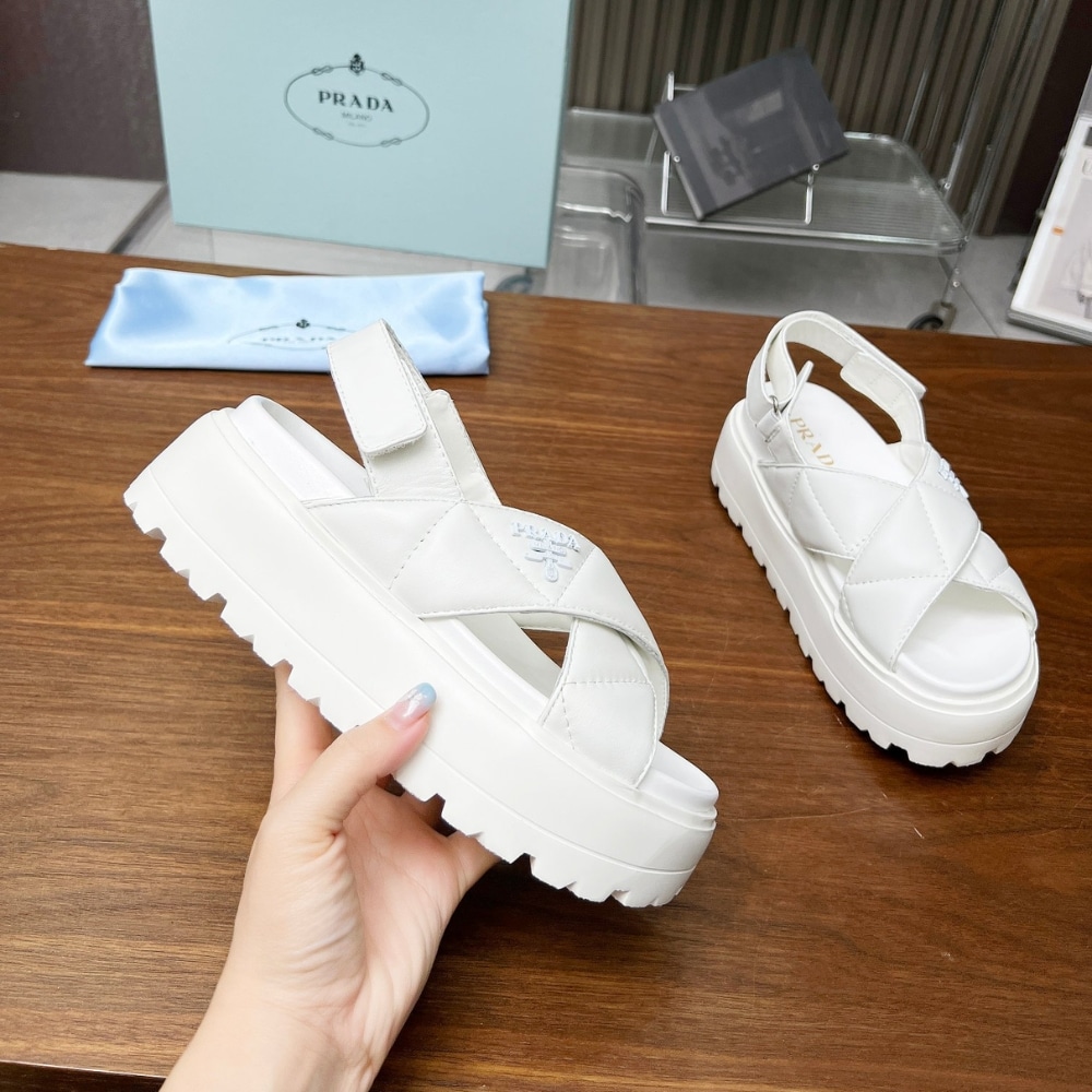 PRADA NAPPA LEATHER CRISSCROSS FLATFORM SANDALS IVORY 1XZ777 038 F0304 F 045 - Image 5