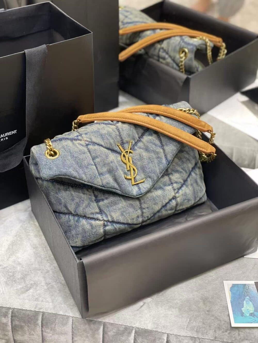 INVOICE FOR SAINT LAURENT PUFFER MEDIUM IN SUEDE AND DENIM 30CM