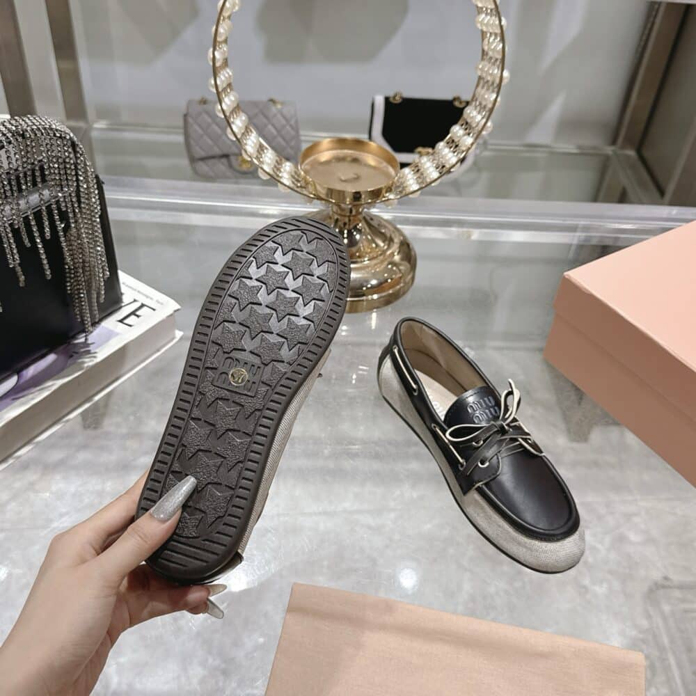 MIUMIU CANVAS AND BLEACHED LEATHER BOAT SHOES BLACK - Image 8
