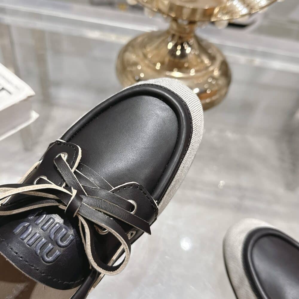 MIUMIU CANVAS AND BLEACHED LEATHER BOAT SHOES BLACK - Image 7