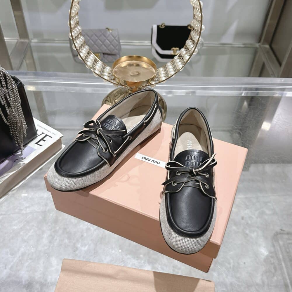 MIUMIU CANVAS AND BLEACHED LEATHER BOAT SHOES BLACK - Image 5