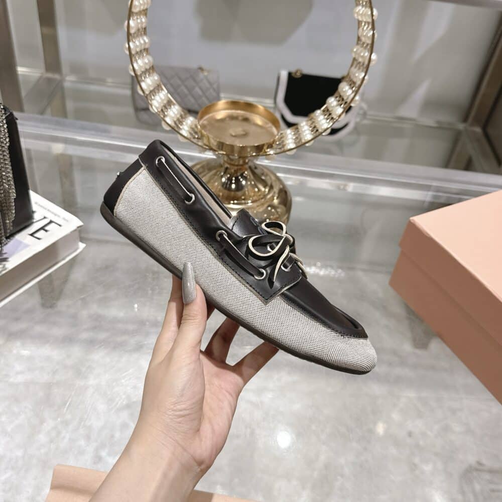 MIUMIU CANVAS AND BLEACHED LEATHER BOAT SHOES BLACK - Image 4