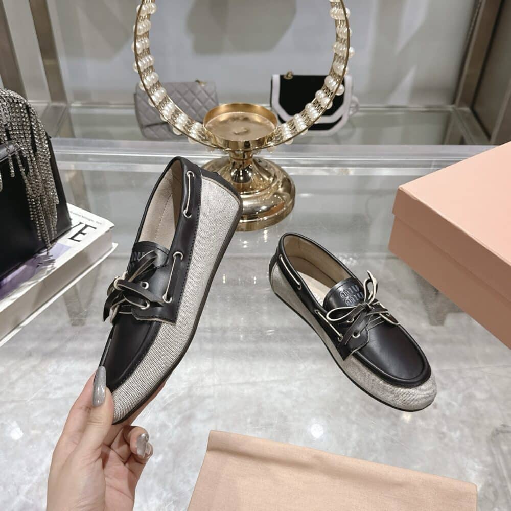 MIUMIU CANVAS AND BLEACHED LEATHER BOAT SHOES BLACK - Image 3