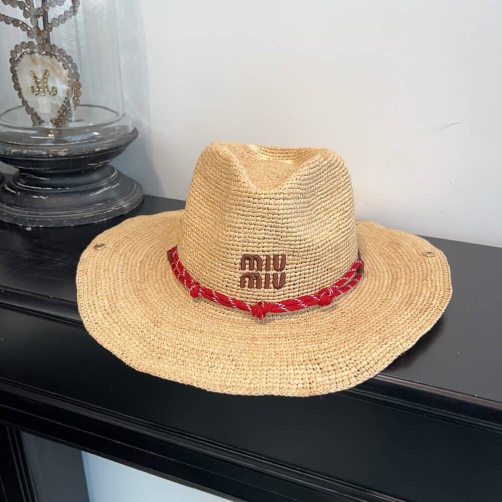 MIUMIU RAFFIA HAT BEIGE AND BURGUNDY 5HC335 2CWE F0Y59 - Image 4