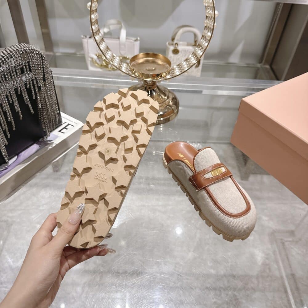 MIUMIU CANVAS AND LEATHER MULES BEIGE 5D377E Q1D F062F F 010 - Image 7