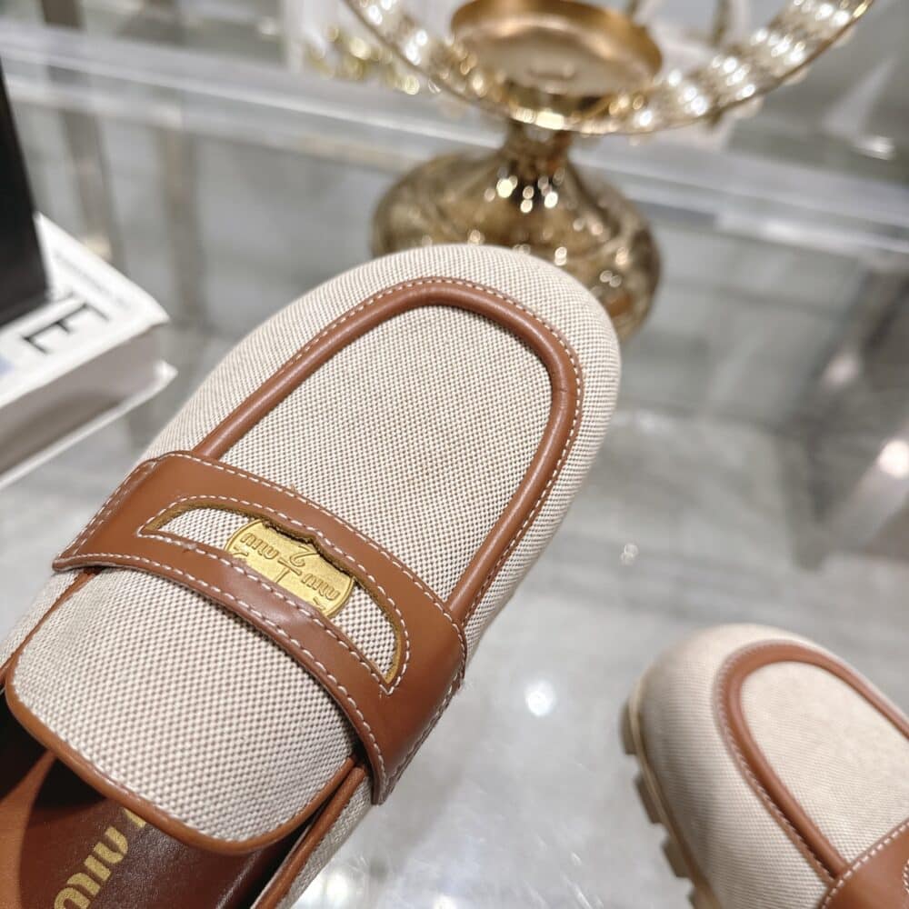 MIUMIU CANVAS AND LEATHER MULES BEIGE 5D377E Q1D F062F F 010 - Image 6