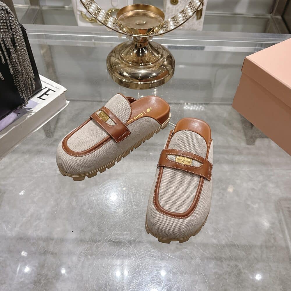 MIUMIU CANVAS AND LEATHER MULES BEIGE 5D377E Q1D F062F F 010 - Image 5