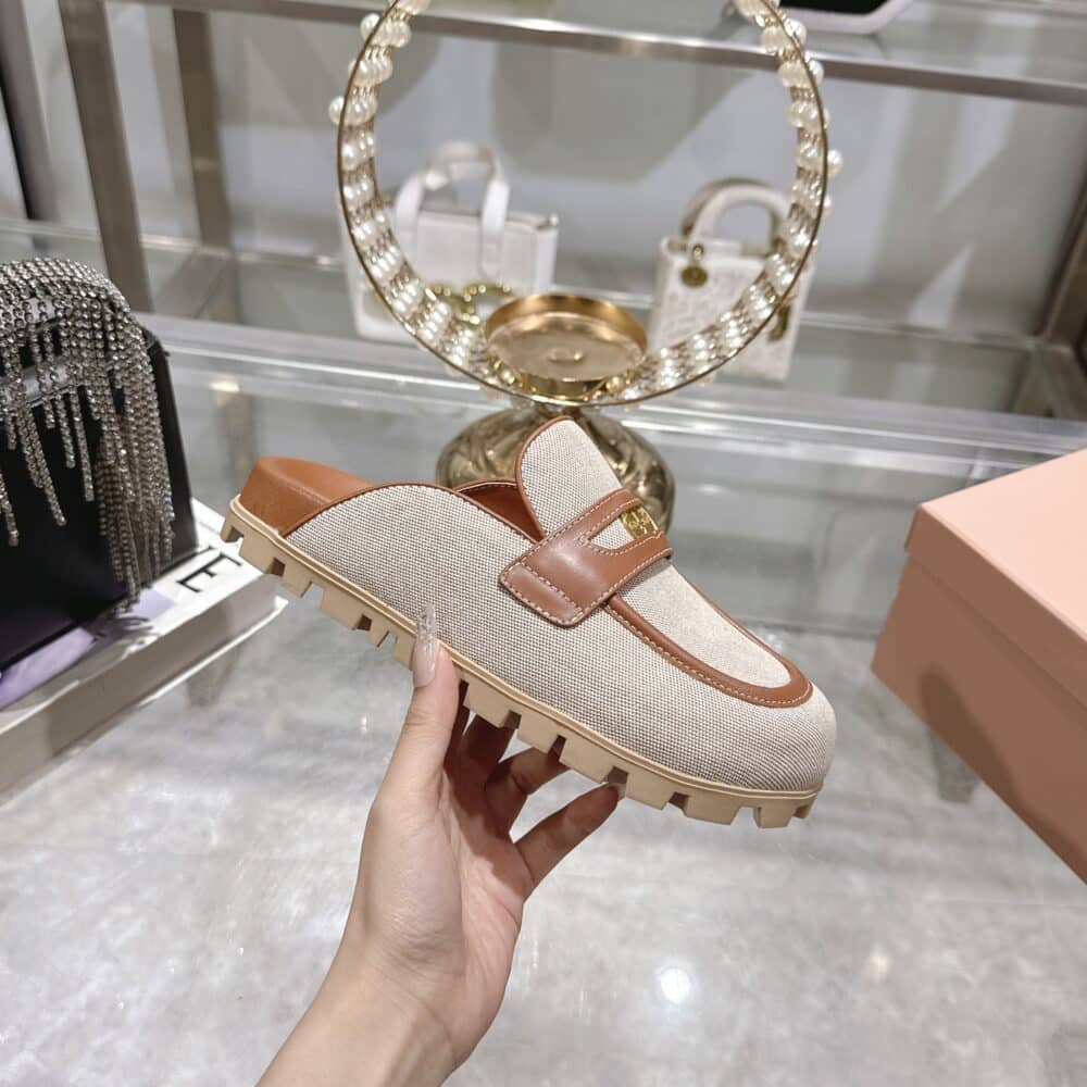 MIUMIU CANVAS AND LEATHER MULES BEIGE 5D377E Q1D F062F F 010 - Image 4