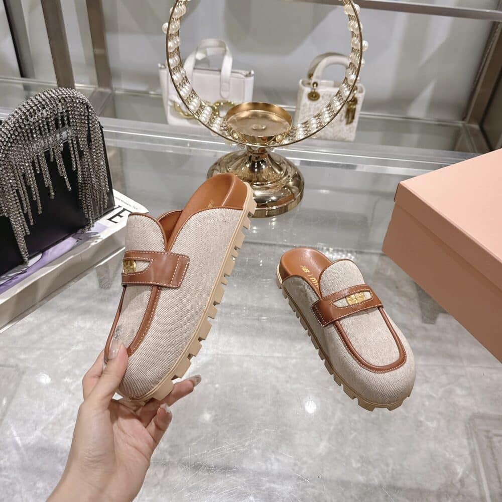 MIUMIU CANVAS AND LEATHER MULES BEIGE 5D377E Q1D F062F F 010 - Image 3