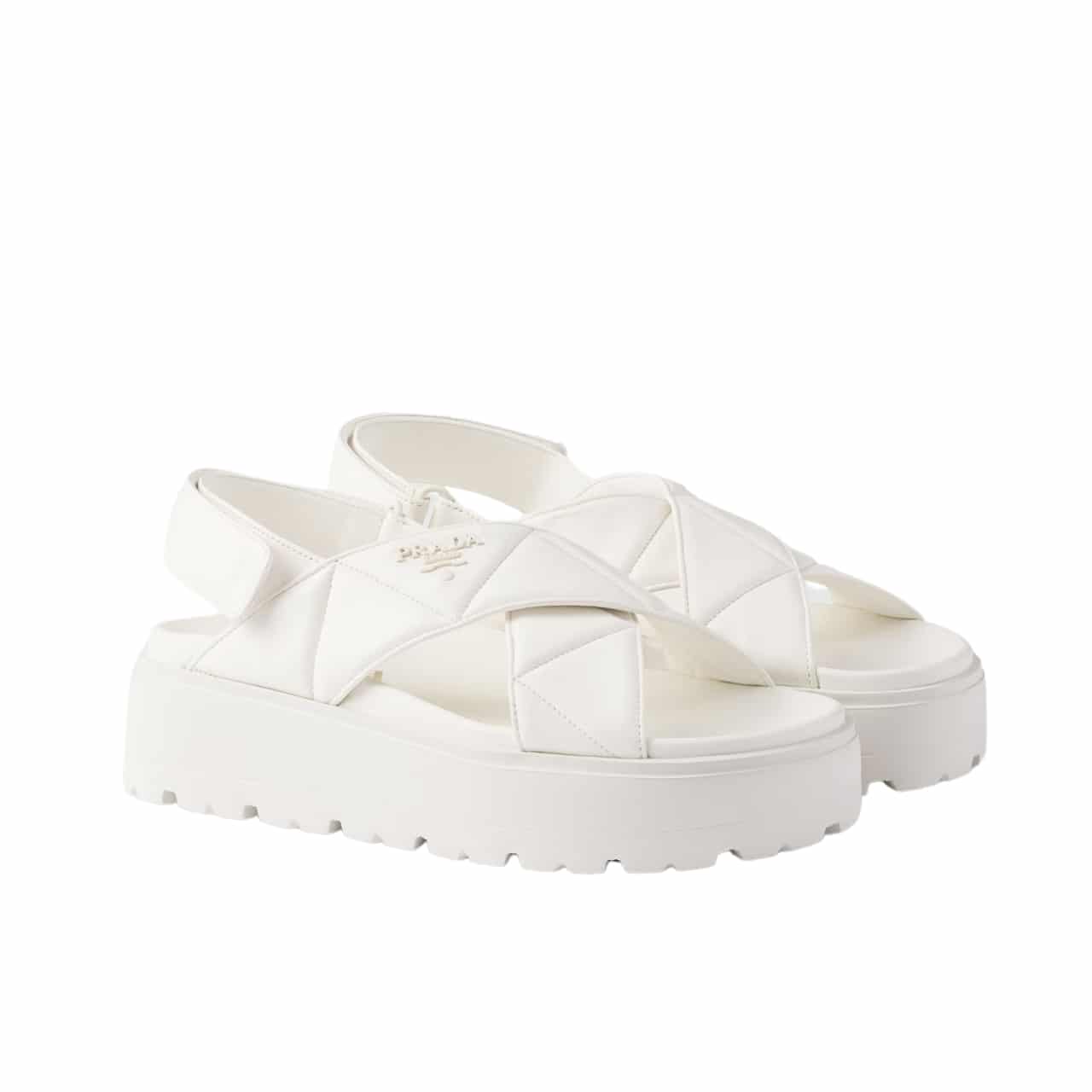 PRADA NAPPA LEATHER CRISSCROSS FLATFORM SANDALS IVORY 1XZ777 038 F0304 F 045