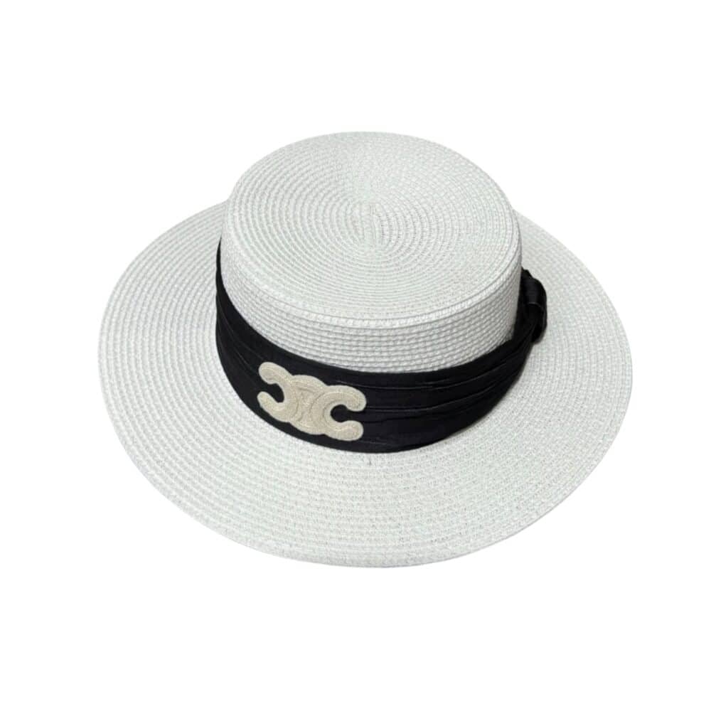 CELINE TRIOMPHE RAFFIA BOATER HAT WITH SILK IN WHITE