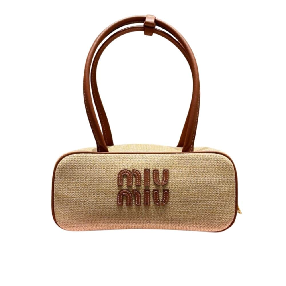 MIUMIU WOMEN'S CANVAS AND LEATHER BAG NATURAL BEAU 27CM