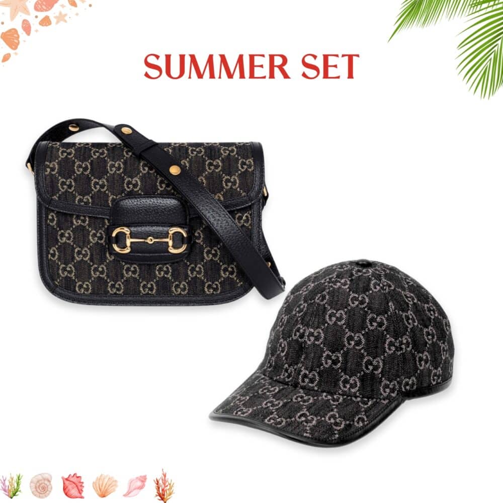 SUMMER SET: GUCCI HORSEBIT 1955 ORIGINAL GG SHOULDER BAG BLACK IVORY & GG DENIM BASEBALL HAT BLACK