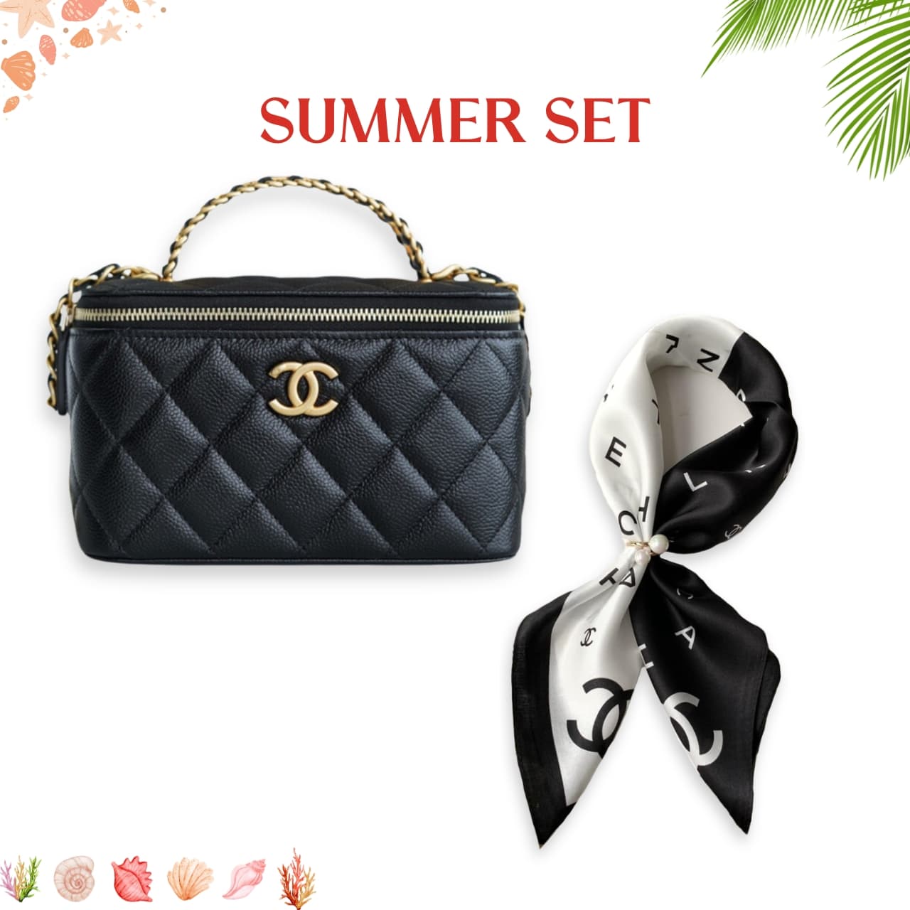 SUMMER SET: CHANEL SMALL VANITY CASE SS22 BLACK & MULTI LETTERS SQUARE SILK SCARF BLACK WHITE