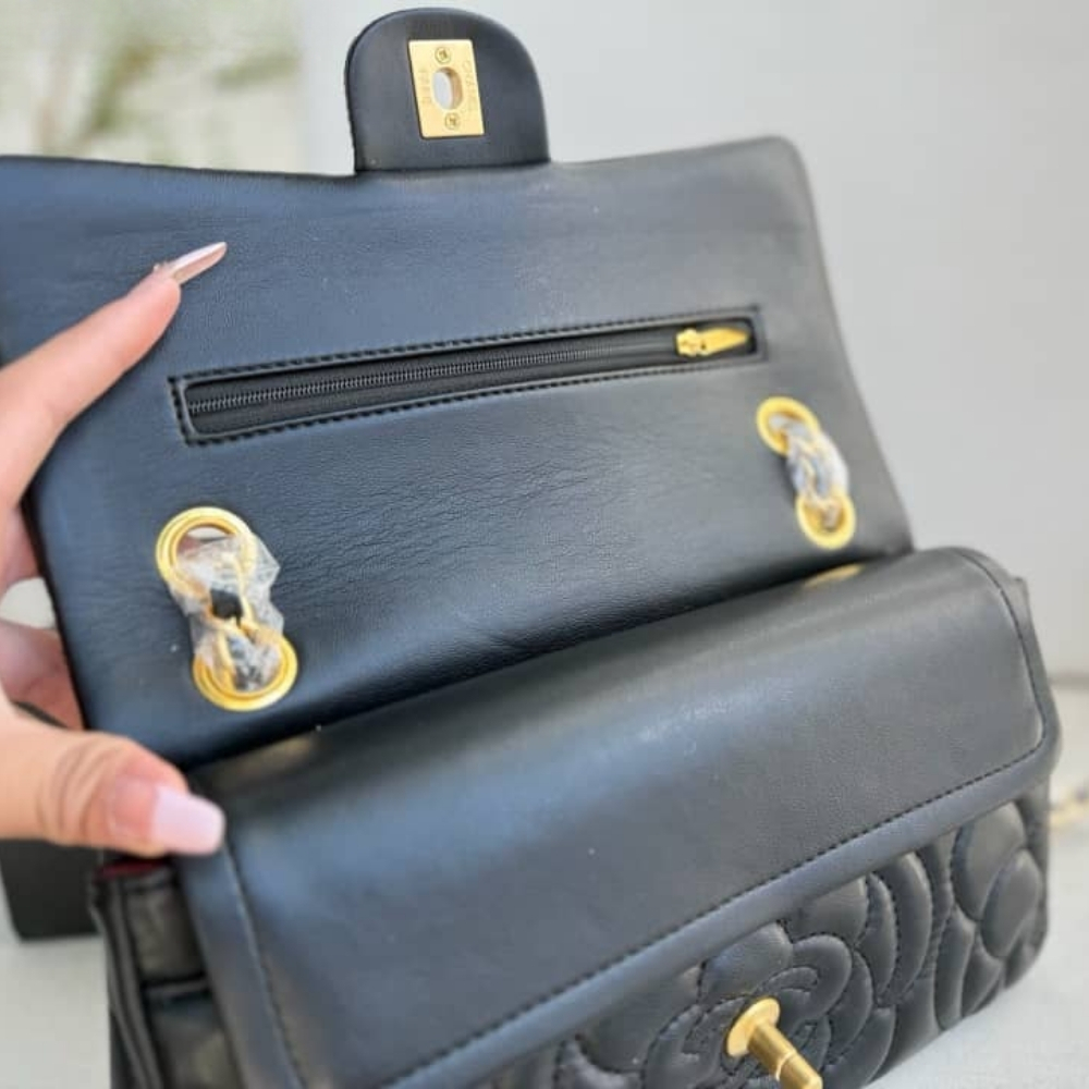 Chanel Flap Bag With Camellia Flower Chain Black 26Cm - Image 7