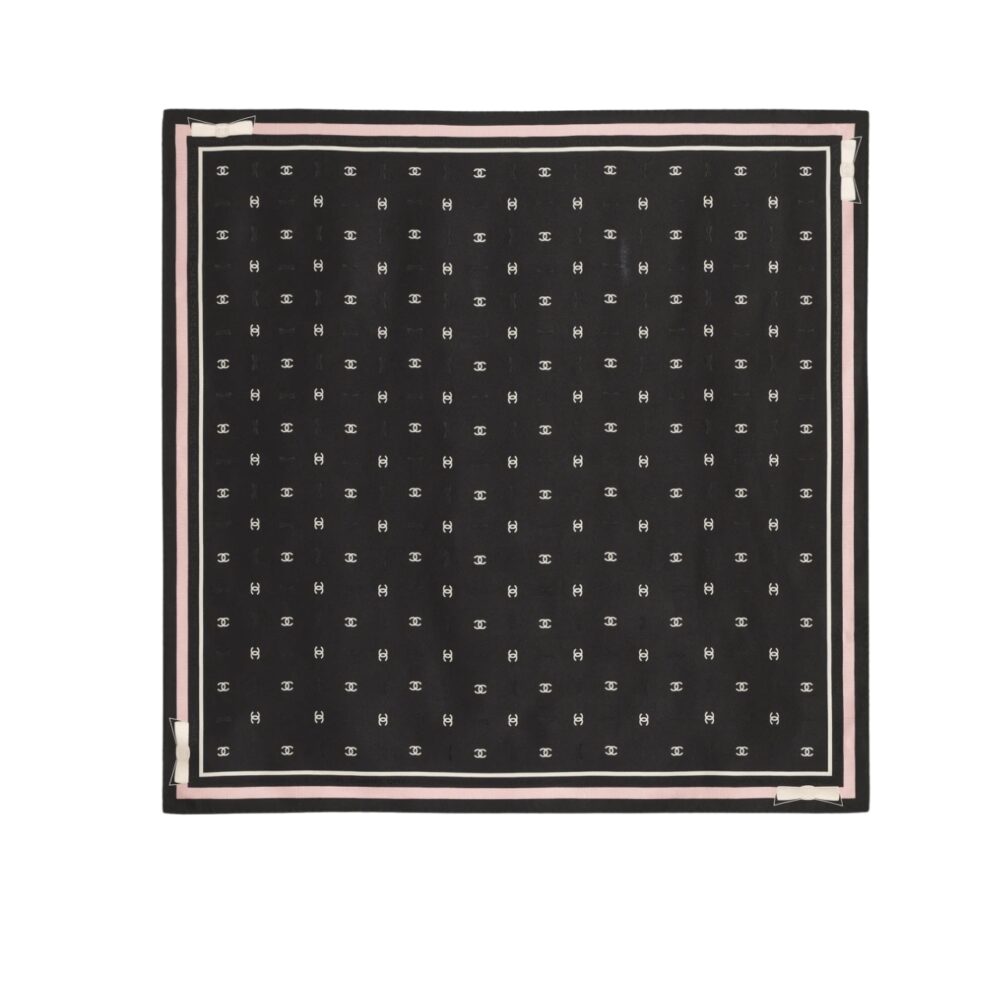 CHANEL SQUARE SCARF JACQUARD SILK TWILL IN BLACK ECRU AND PINK 90CM AAA777 B19447 NAFFW