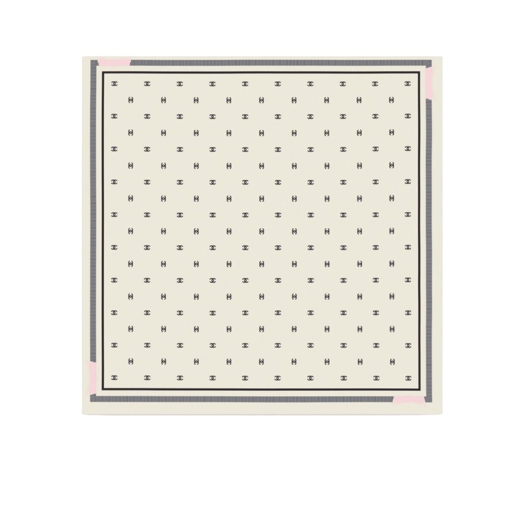 CHANEL SQUARE SCARF JACQUARD SILK TWILL IN ECRU BLACK AND LIGHT PINK 90CM AAA777 B19447 NAFFT