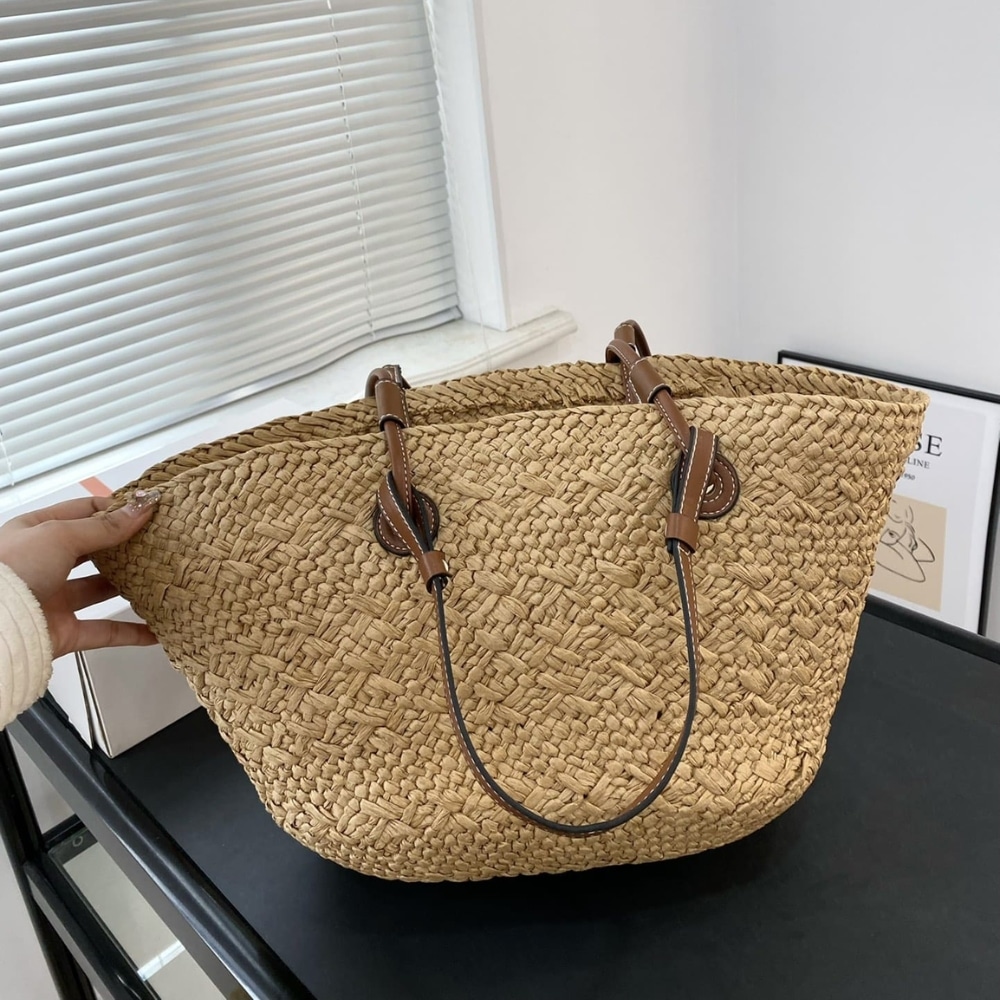 SUMMER SET: CELINE TRIOMPHE PANIER IN RAFFIA AND CALFSKIN TAN & SUNGLASSES METAL OVALE GOLD - Image 6