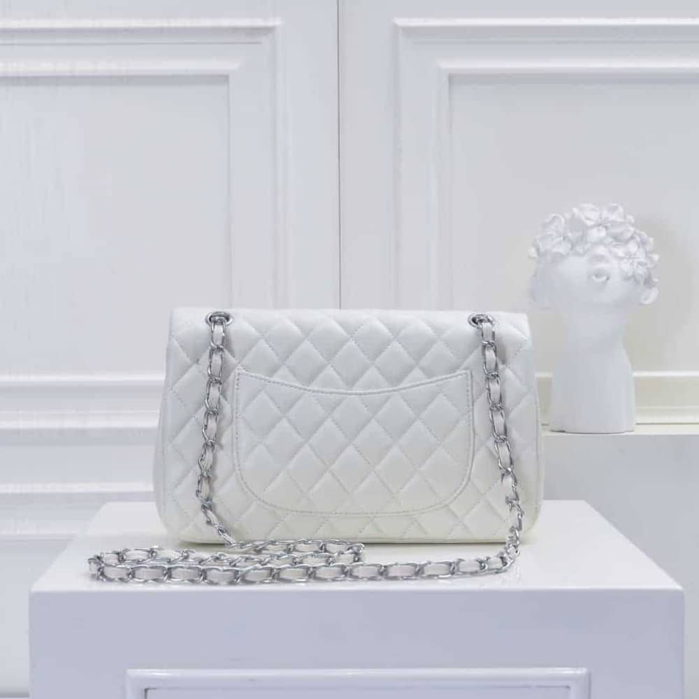 SUMMER SET: CHANEL CLASSIC DOUBLE FLAP BAG WHITE SILVER HARDWARE & SQUARE SUNGLASSES TWEED ACCENT IN WHITE - Image 3