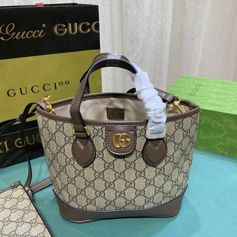 SUMMER SET: GUCCI OPHIDIA MINI TOTE BAG BEIGE AND EBONY 22CM & CANVAS BUCKET HAT WITH DOUBLE G BROWN - Image 5