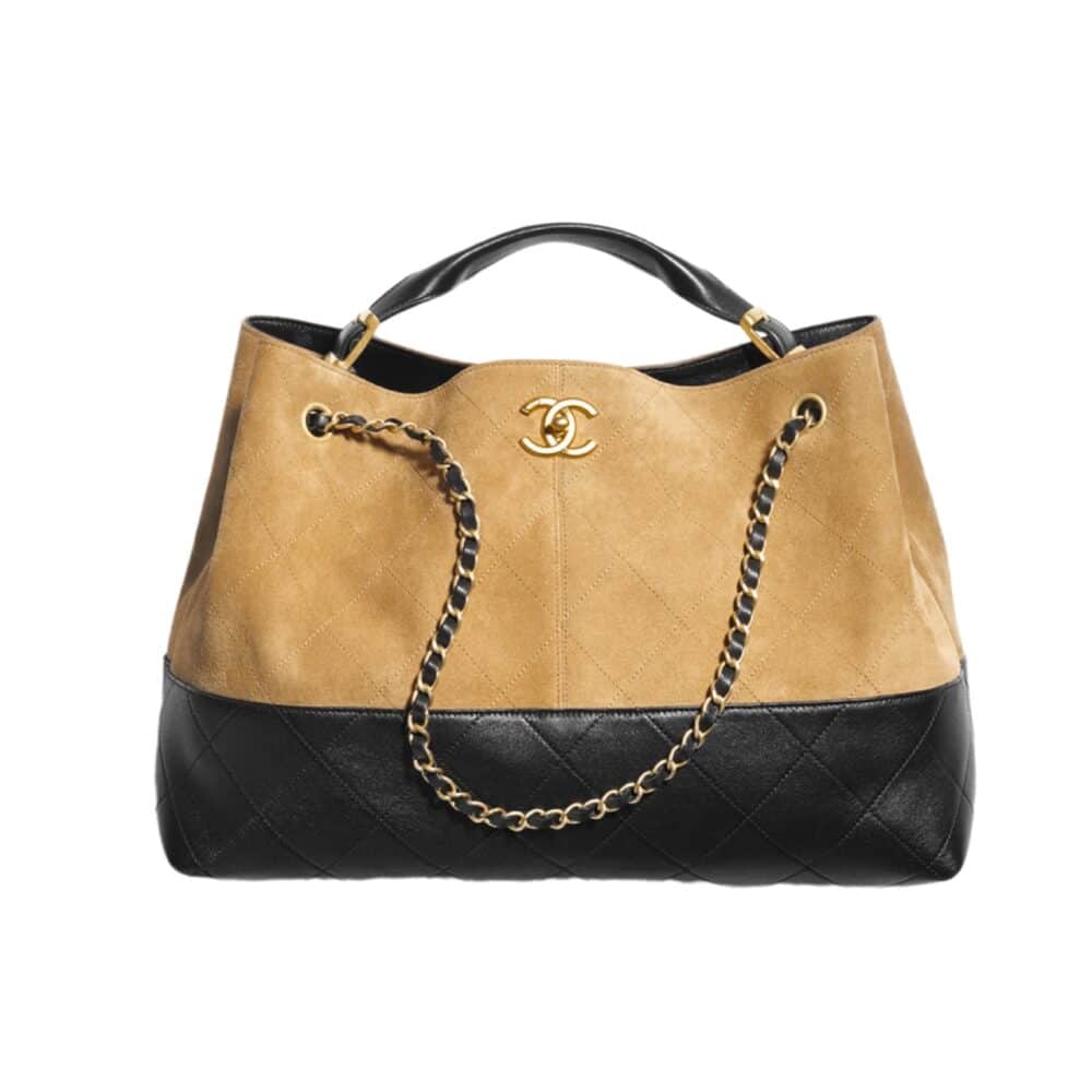 CHANEL SHOPPING BAG GOLD TONE MENTAL BEIGE AND BLACK 36CM AS5657 B20827 U1536