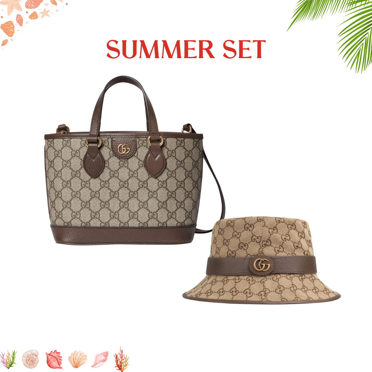 SUMMER SET: GUCCI OPHIDIA MINI TOTE BAG BEIGE AND EBONY 22CM & CANVAS BUCKET HAT WITH DOUBLE G BROWN