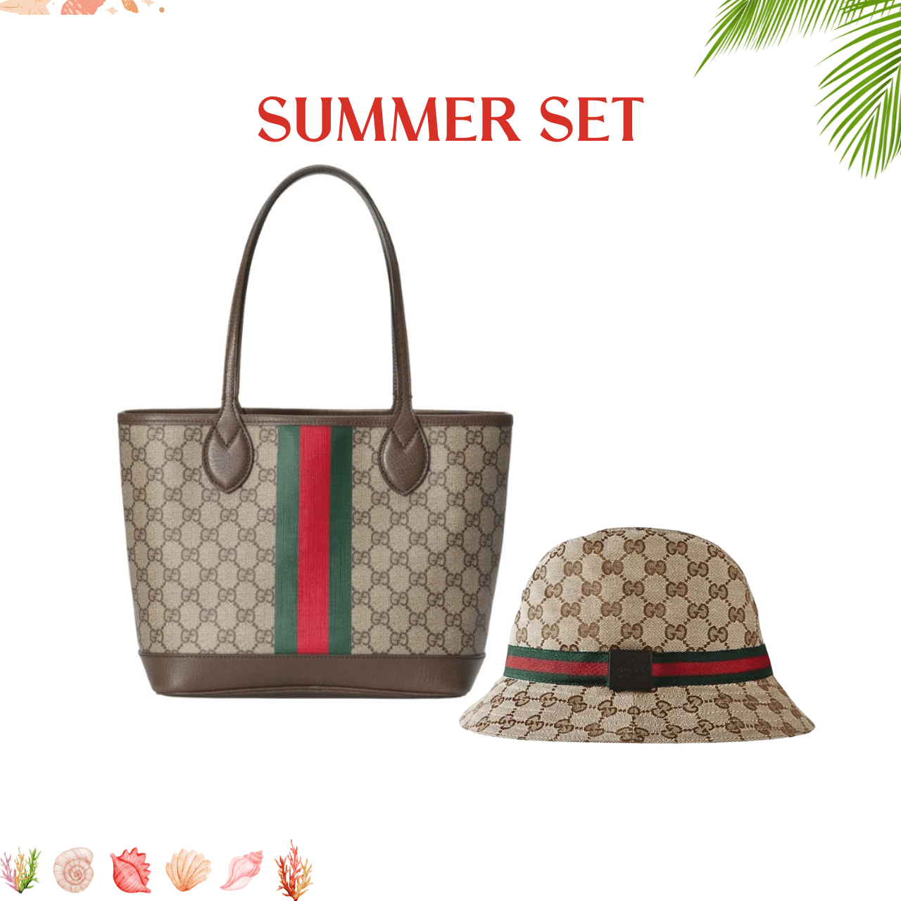 SUMMER SET: GUCCI OPHIDIA SMALL TOTE BAG BEIGE AND EBONY GG 25CM & GG SSIMA SOFT WEB FEDORA HAT BEIGE