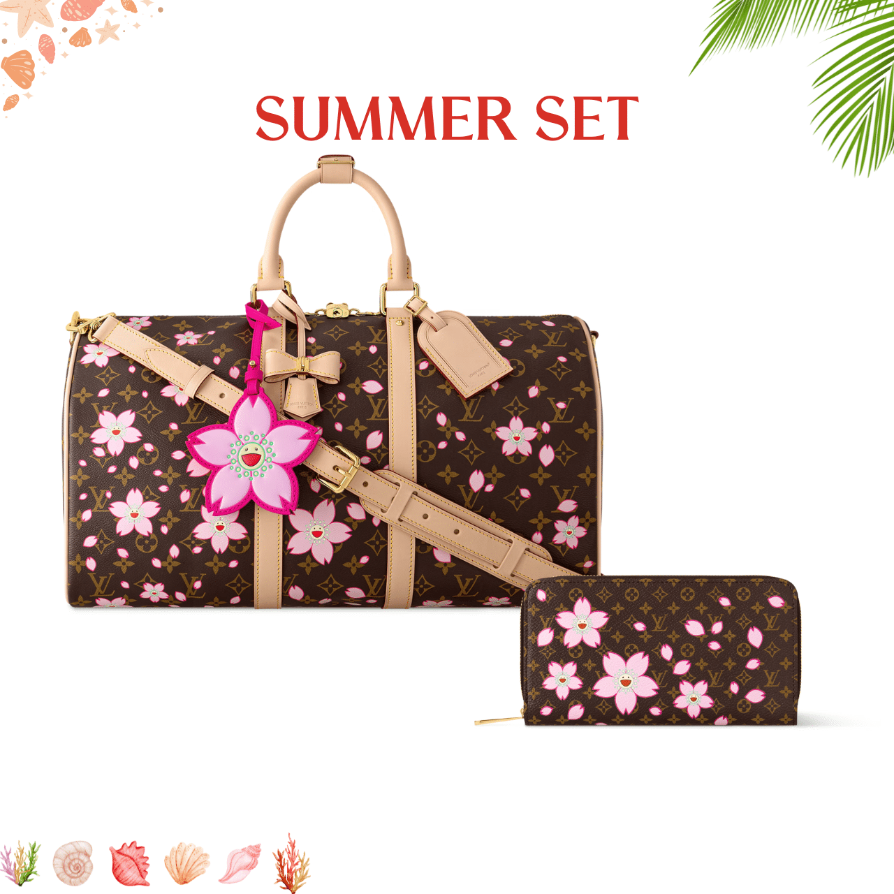 SUMMER SET: LOUIS VUITTON X TAKASHI MURAKAMI KEEPALL BANDOULIÈRE 45 BROWN 45CM & ZIPPY WALLET SAKURA BROWN 19CM