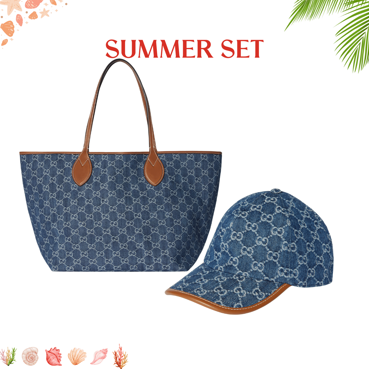 SUMMER SET: GUCCI TOTISSIMA LARGE TOTE BAG DENIM BLUE AND BROWN 30CM & GG DENIM BASEBALL HAT BLUE