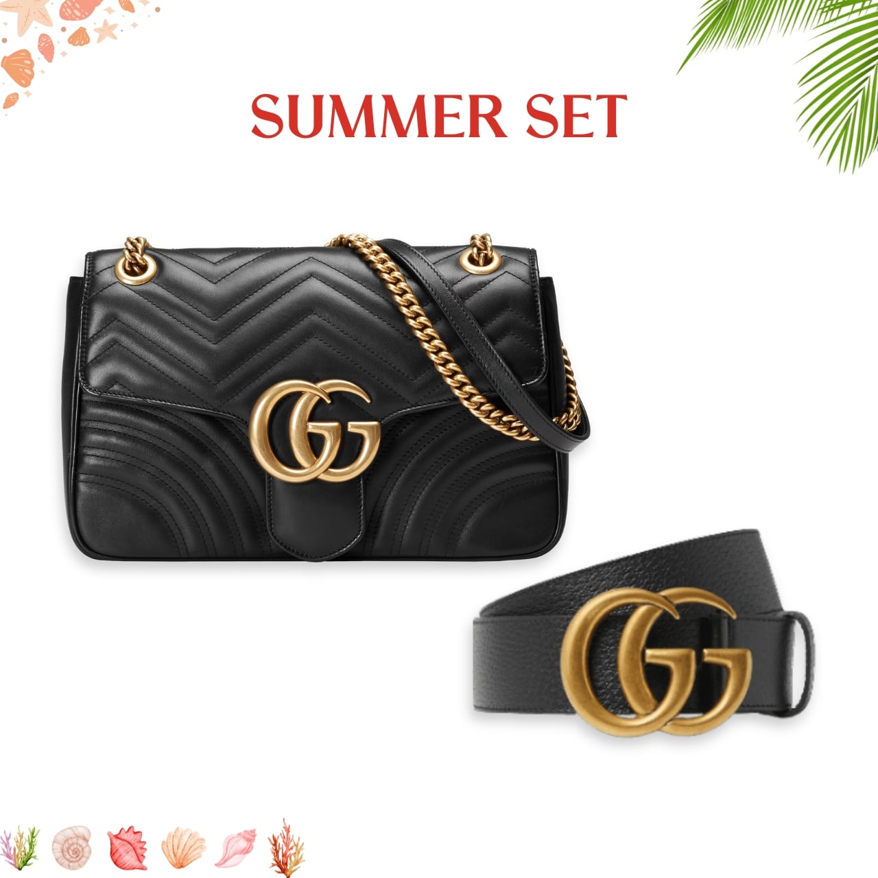 SUMMER SET: GUCCI MARMONT MEDIUM MATELASSÉ SHOULDER BAG & MAMON GG GOLD LOGO BELT