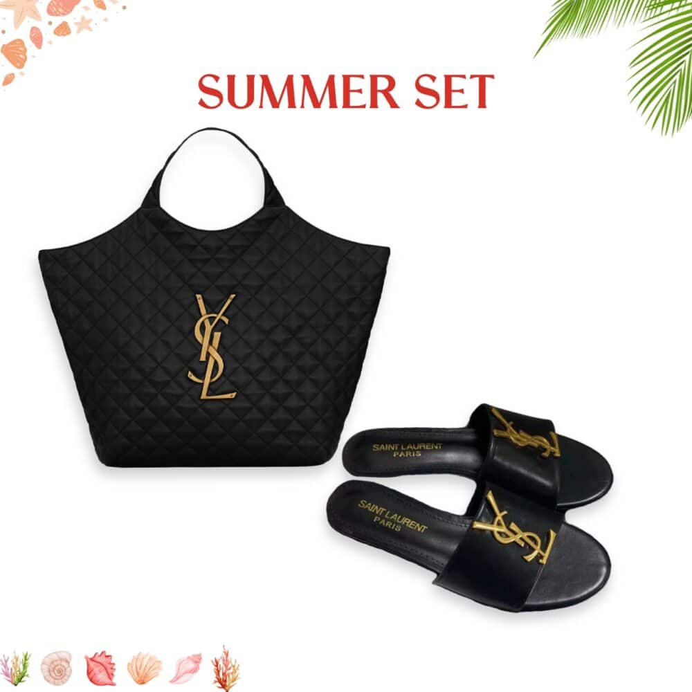 SUMMER SET: SAINT LAURENT ICARE MAXI SHOPPING BAG IN QUILTED BLACK  &  LOGO SLIPPERS BLACK