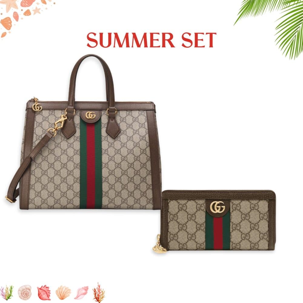 SUMMER SET: GUCCI OPHIDIA GG MEDIUM TOP HANDLE TOTE BAG & ZIP AROUND WALLET BROWN
