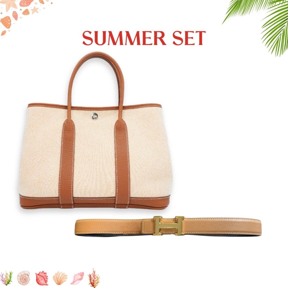 SUMMER SET: HERMES GARDEN PARTY 30 HANDBAG CANVAS ORANGE &  BELT TOGO SWIFT GOLD BUCKLE BROWN